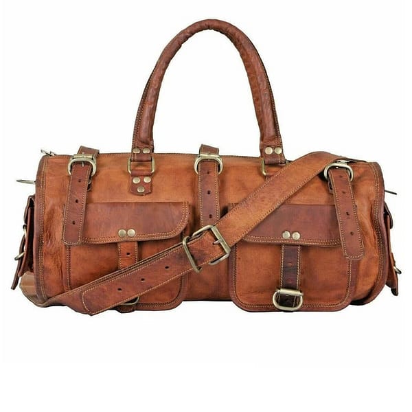 Close-up of brown leather travel bag detailing