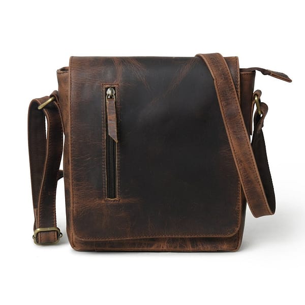 Brown leather crossbody bag with adjustable strap
