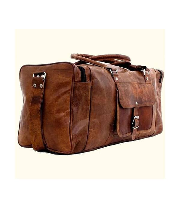 Spacious brown leather travel bag with multiple pockets