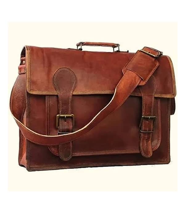 Brown leather laptop bag with adjustable shoulder strap