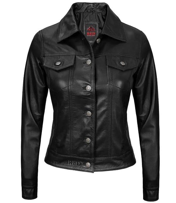 Falcon Women's Black Leather Trucker Jacket with chest pockets and button cuffs