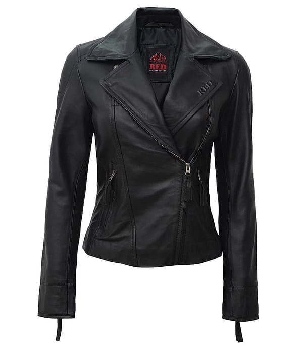 Stylish Maverick Biker Style Women's Black Leather Jacket with silver-tone hardware