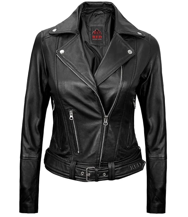 Nitro Asymmetrical Leather Biker Jacket with zippered pockets and cuff details