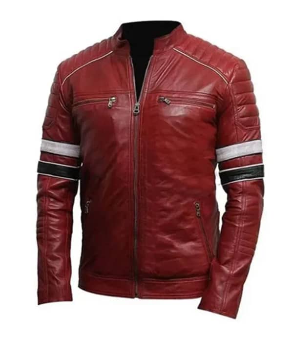 Stylish cafe racer red striped leather jacket - front view