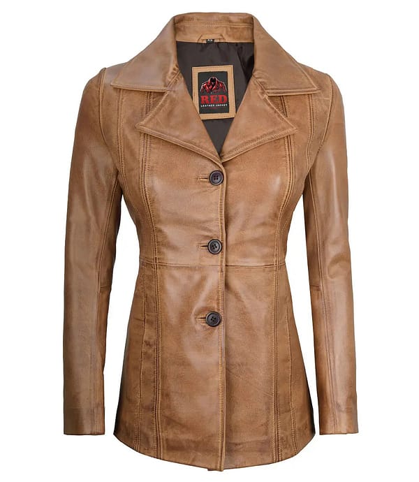Camel Leather Blazer For Women-Front View