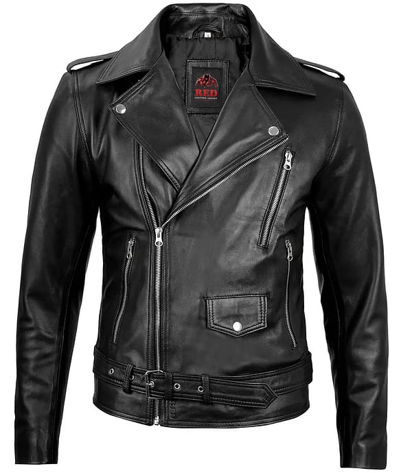 Stylish halo men's belted black leather biker jacket with zipper cuffs